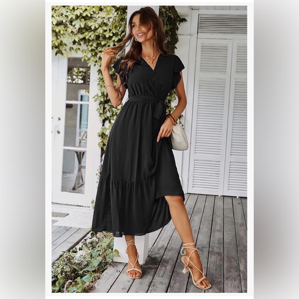 Chic Black Midi Dress with Tie Waist - Picture 7 of 8